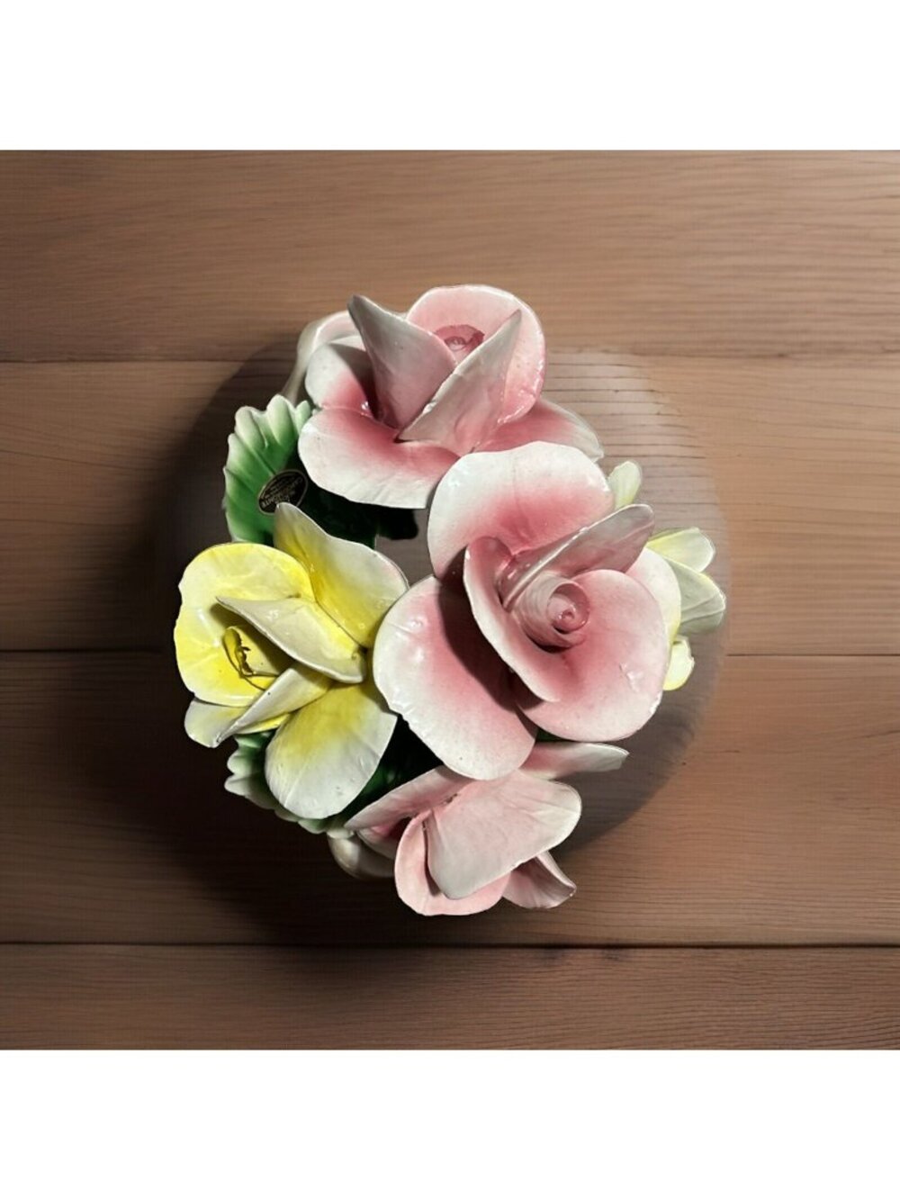 Vintage Capodimonte Pink and Yellow rose buds in basket. Small Chips On Petals